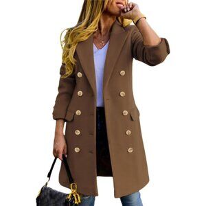 💫 Women Brown Midi Trench Coats Fall Winter Wool Casual Double Breasted Peacoat